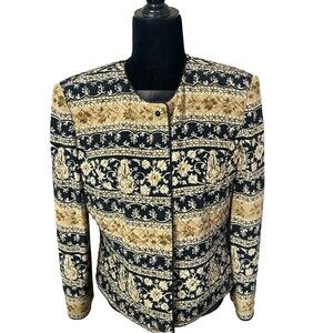 Maggy London Womens 100% Silk Black/Tan Quilted Lightweight Jacket Blazer Sz-12